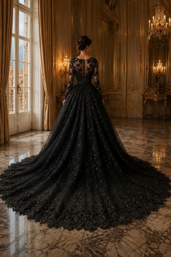 Schwarze Brautkleider A Linie Spitze Hochzeitskleider Lang Ärmel