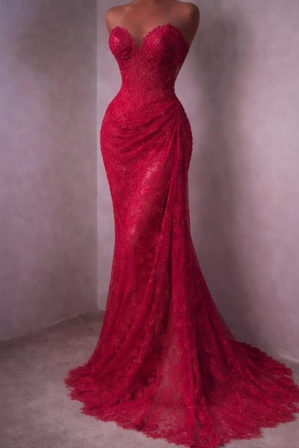Rotes Abendkleid Lang Schlicht Spitze Ballkleider Günstig