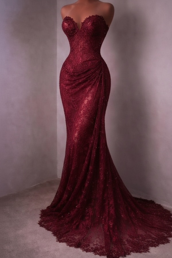 Rotes Abendkleid Lang Schlicht Spitze Ballkleider Günstig