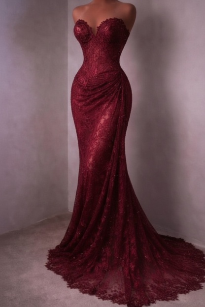 Rotes Abendkleid Lang Schlicht Spitze Ballkleider Günstig