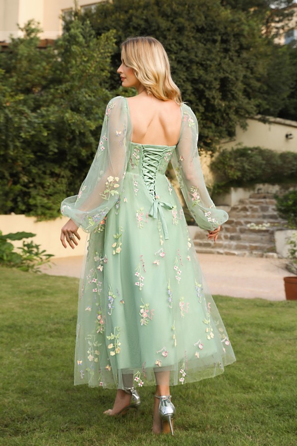 Grünes Abendkleid Lang V Ausschnitt | Abiballkleider mit Ärmel