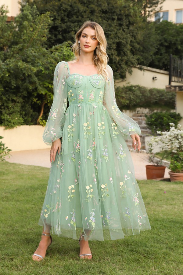 Grünes Abendkleid Lang V Ausschnitt | Abiballkleider mit Ärmel