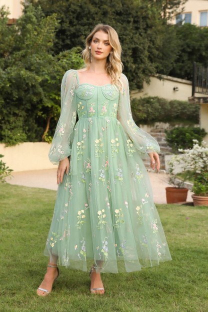 Grünes Abendkleid Lang V Ausschnitt | Abiballkleider mit Ärmel
