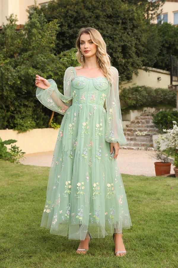 Grünes Abendkleid Lang V Ausschnitt | Abiballkleider mit Ärmel