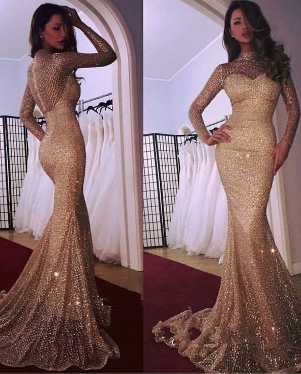 Designer Gold Abendkleider Mit Ärmel Pailletten Abendmoden Abiballkleider Online-babyonlinedressde