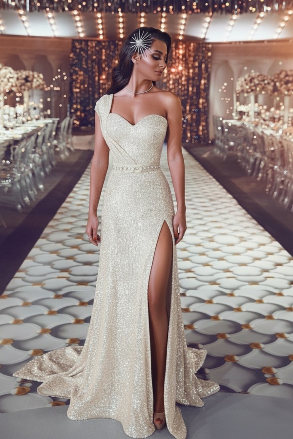 Luxus Abendkleid Gold Lang Pailletten Abiballkleider Abendmoden Online