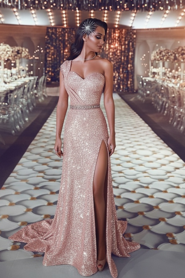 Luxus Abendkleid Gold Lang Pailletten Abiballkleider Abendmoden Online