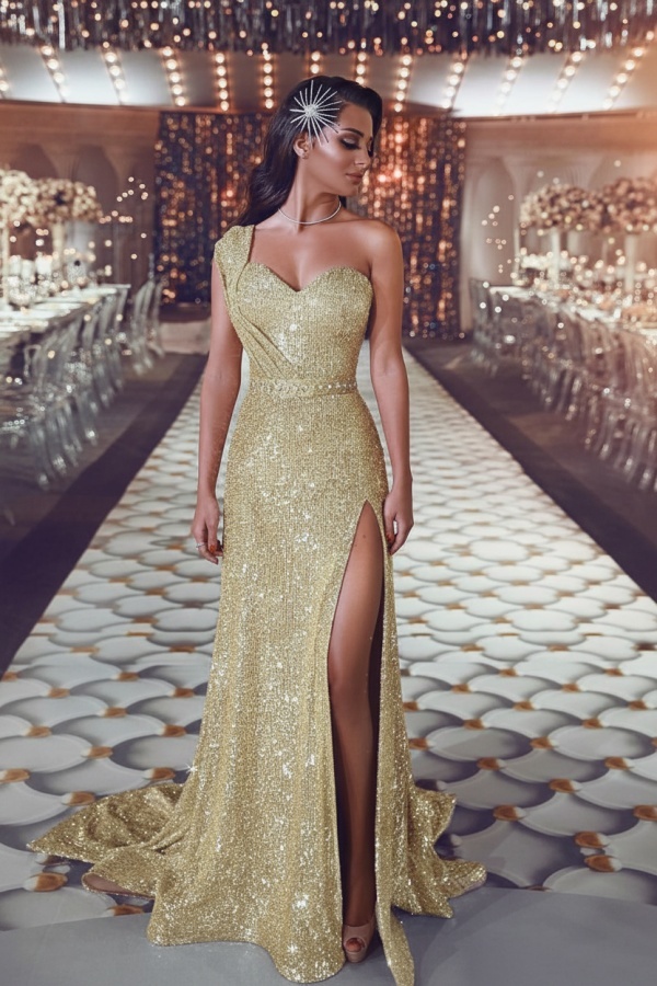 Luxus Abendkleid Gold Lang Pailletten Abiballkleider Abendmoden Online