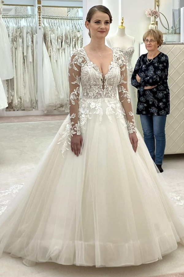 Designer wedding dresses A-line lace bridal gowns long sleeves-babyonlinedressde