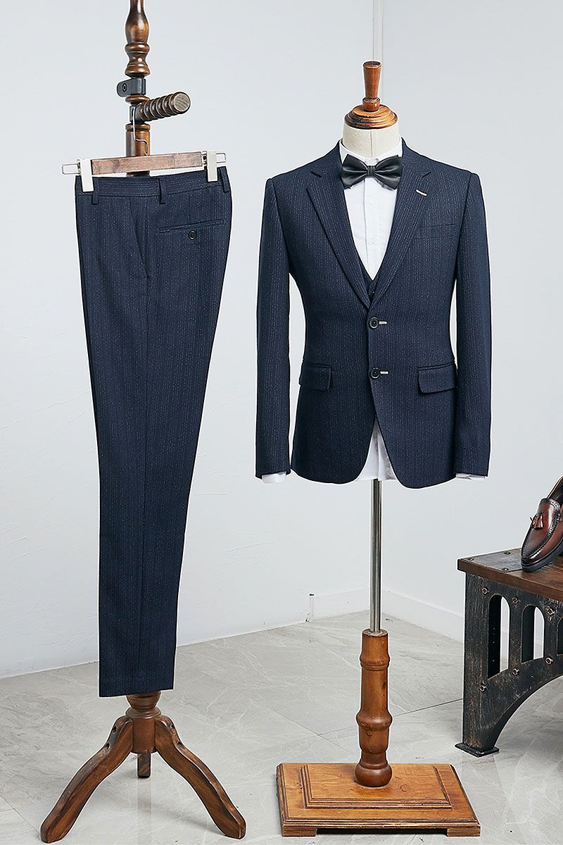 Burke Formal Navy Blue Striped 3 Pieces Custom Business Suit-babyonlinedressde