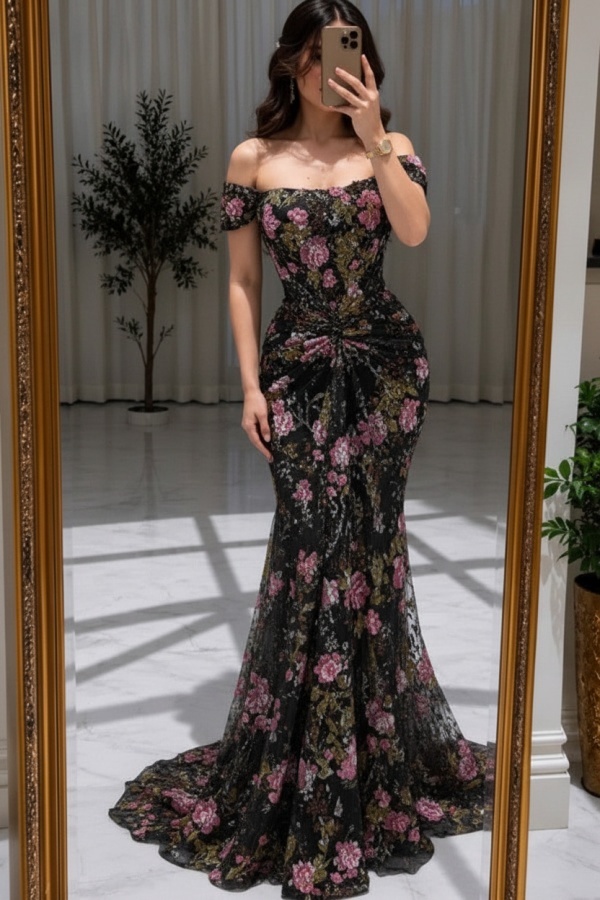 Blumen Abendkleider Lang Glitzer Ballkleider Günstig Online