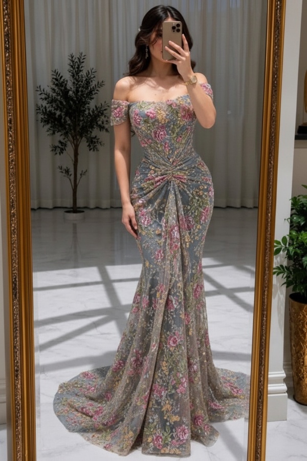 Blumen Abendkleider Lang Glitzer Ballkleider Günstig Online