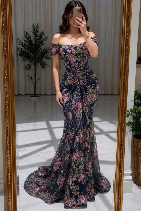Blumen Abendkleider Lang Glitzer Ballkleider Günstig Online
