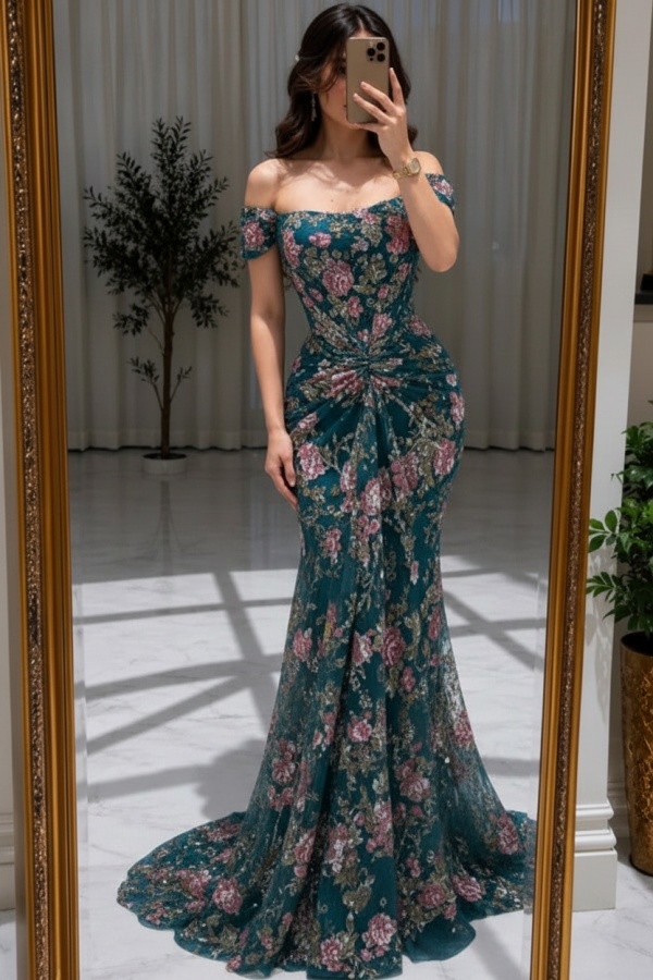 Blumen Abendkleider Lang Glitzer Ballkleider Günstig Online