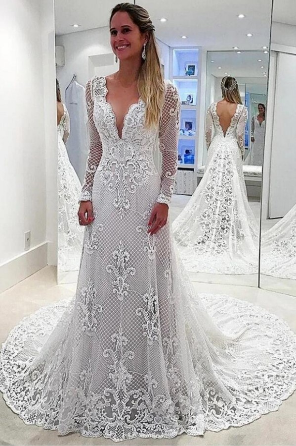 Chic Hochzeitskleider A Linie Mit Ärmel | Brautkleider mit Spitze