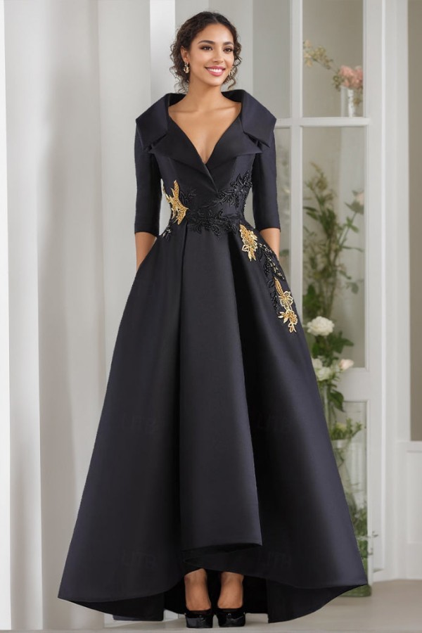 V-Neck A-Line Princess Floor-Length Mother of the Bride Dress with 3/4 Sleeves Appliques and Beading