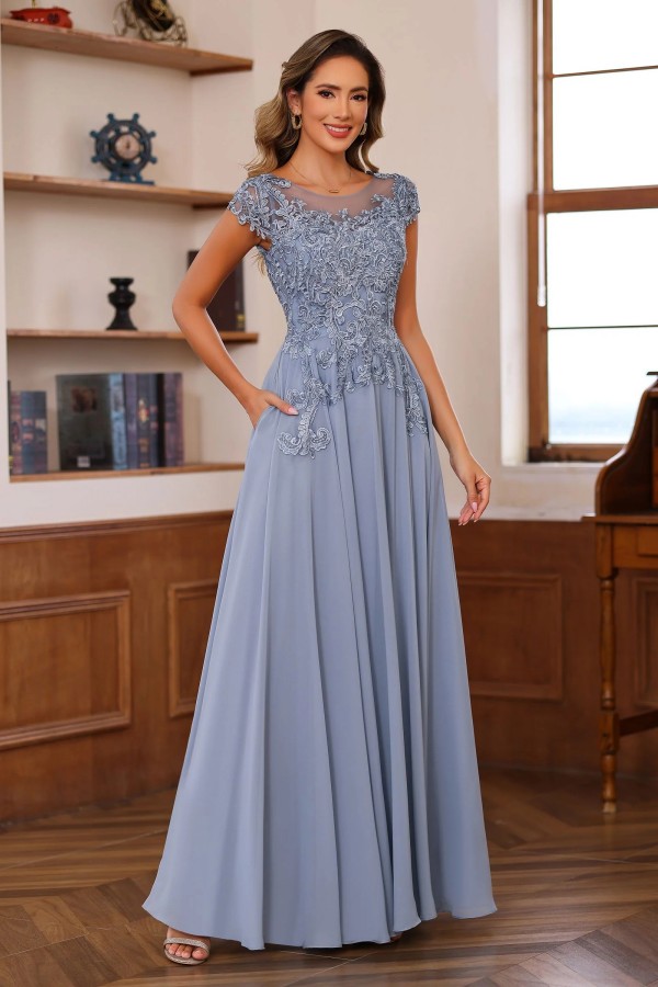 Dusty Blaue Brautmutterkleider Lang Chiffon Partykleid mit Spitze