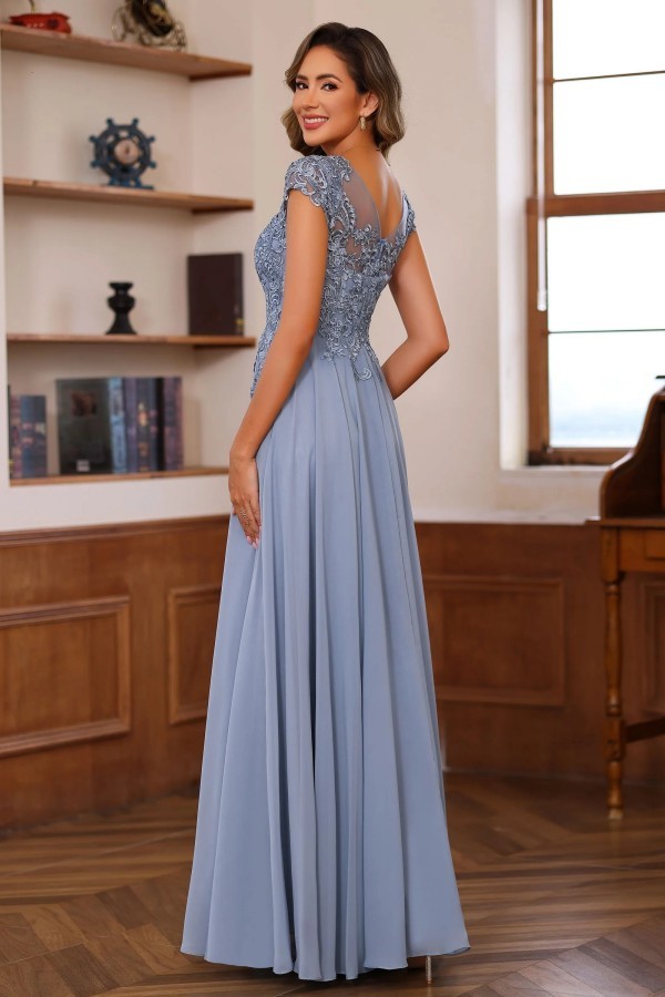 Dusty Blaue Brautmutterkleider Lang Chiffon Partykleid mit Spitze