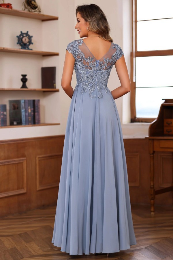 Dusty Blaue Brautmutterkleider Lang Chiffon Partykleid mit Spitze