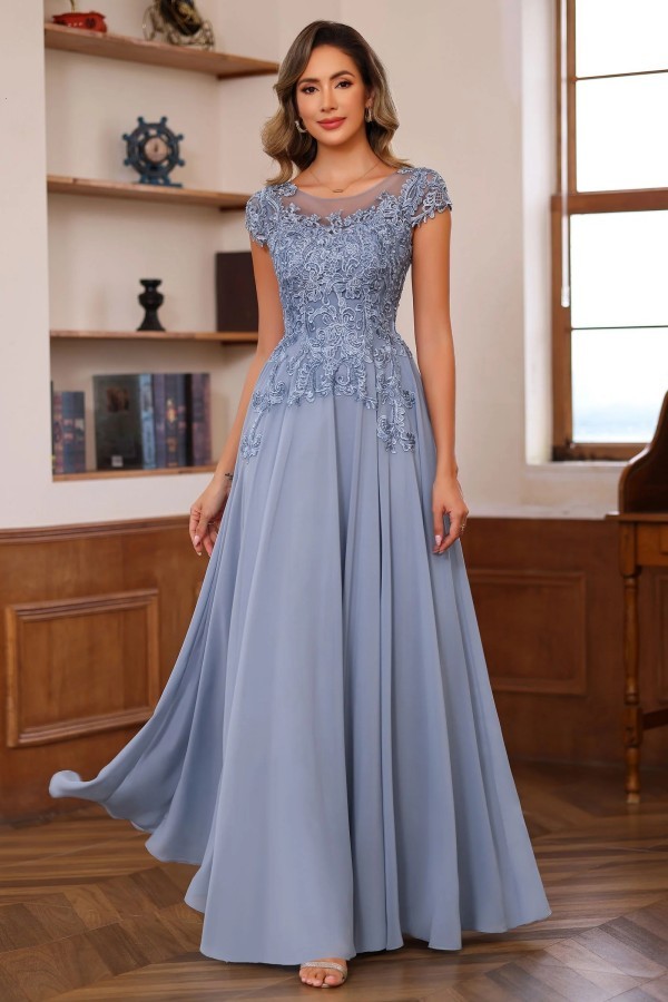 Dusty Blaue Brautmutterkleider Lang Chiffon Partykleid mit Spitze