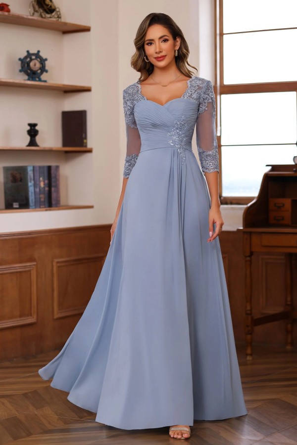 Dusty Blaue Brautmutterkleider Lang Chiffon Hoochzeitspartykleid Spitzenärmel