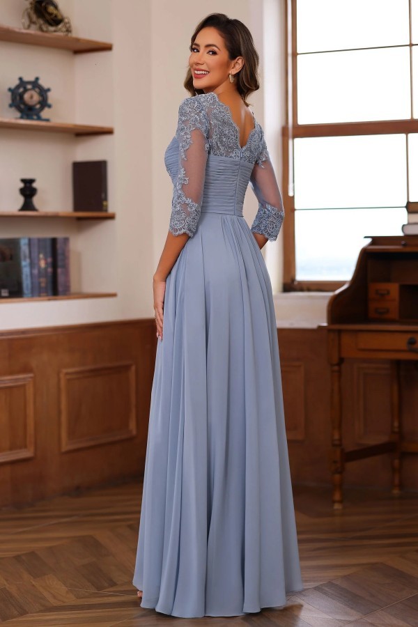 Dusty Blaue Brautmutterkleider Lang Chiffon Hoochzeitspartykleid Spitzenärmel