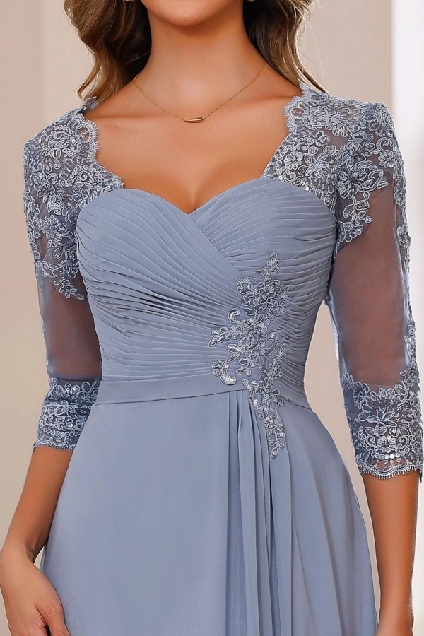 Dusty Blaue Brautmutterkleider Lang Chiffon Hoochzeitspartykleid Spitzenärmel