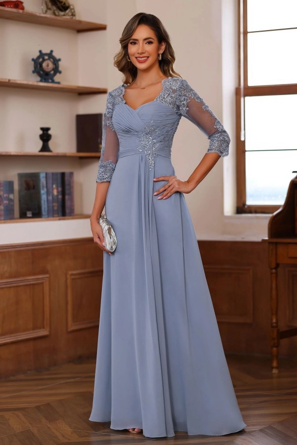 Dusty Blaue Brautmutterkleider Lang Chiffon Hoochzeitspartykleid Spitzenärmel
