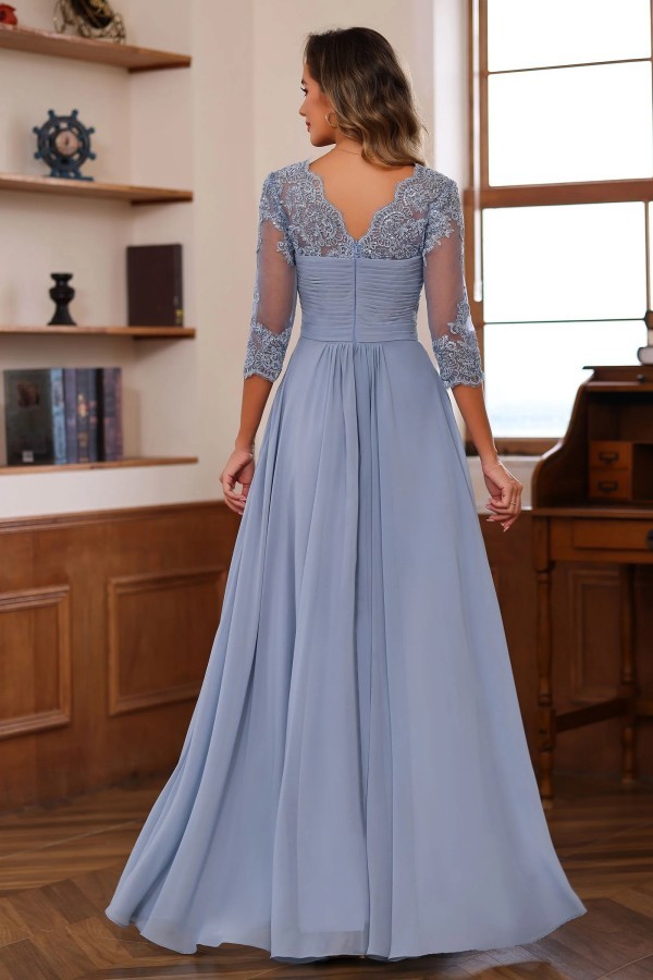 Dusty Blaue Brautmutterkleider Lang Chiffon Hoochzeitspartykleid Spitzenärmel