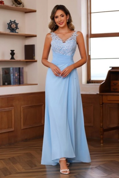 Designer Chiffon Brautmutterkleider Lang Blau Festliche Kleider Hochzeitsparty