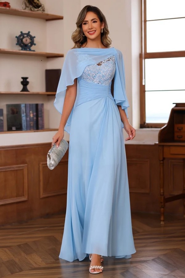 Designer Chiffon Brautmutterkleider Lang Blau Festliche Kleider Hochzeitsparty