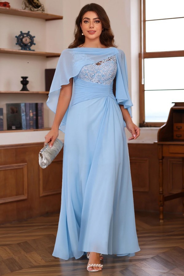 Designer Chiffon Brautmutterkleider Lang Blau Festliche Kleider Hochzeitsparty