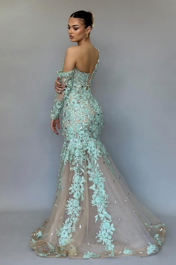 Designer Abendkleider Mint Grün | Abiballkleider Lang Mit Ärmel
