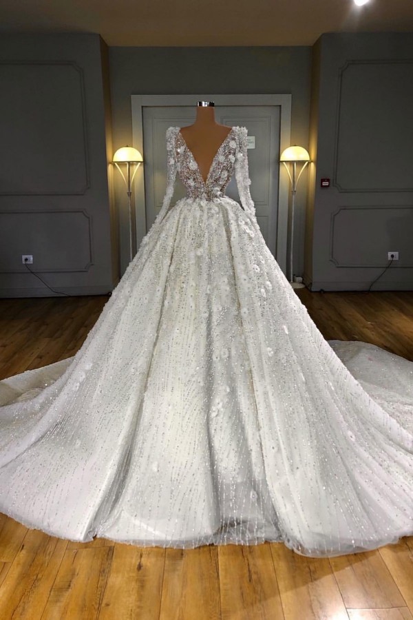 Extravagante Hochzeitskleider V Ausschnitt Spitze Brautkleider A linie Glitzer