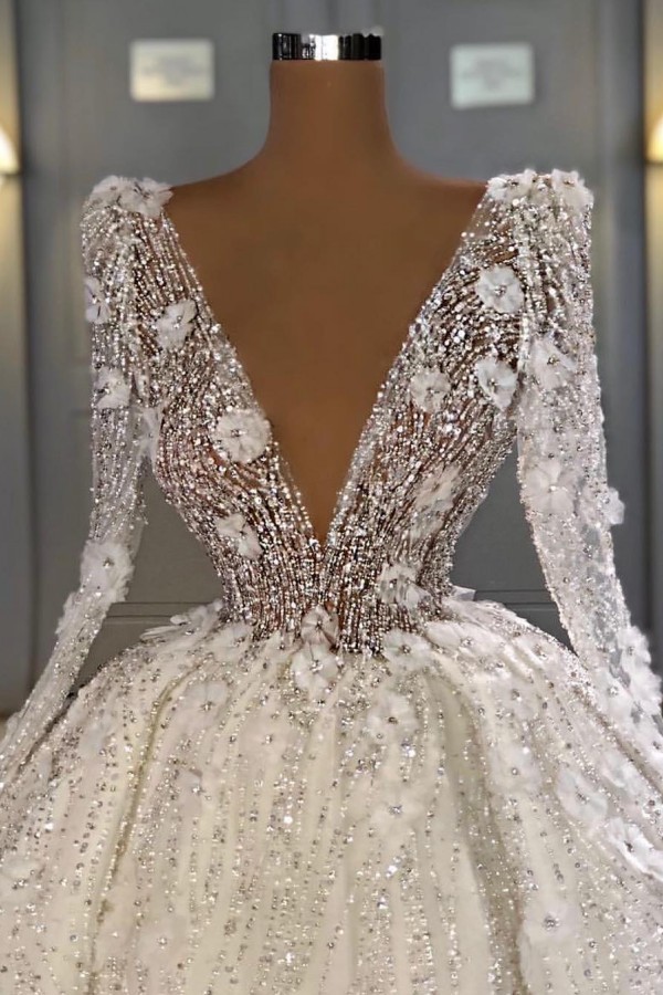 Extravagante Hochzeitskleider V Ausschnitt Spitze Brautkleider A linie Glitzer