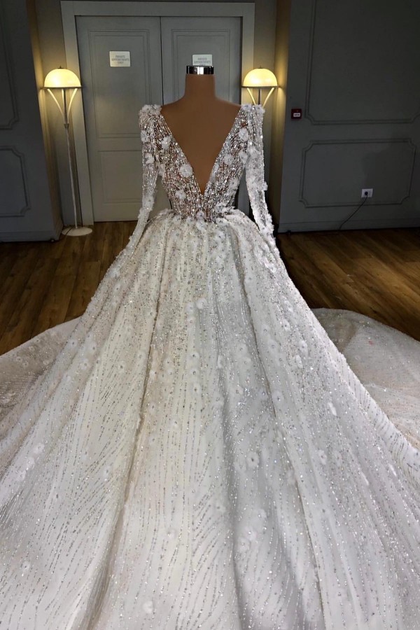 Extravagante Hochzeitskleider V Ausschnitt Spitze Brautkleider A linie Glitzer