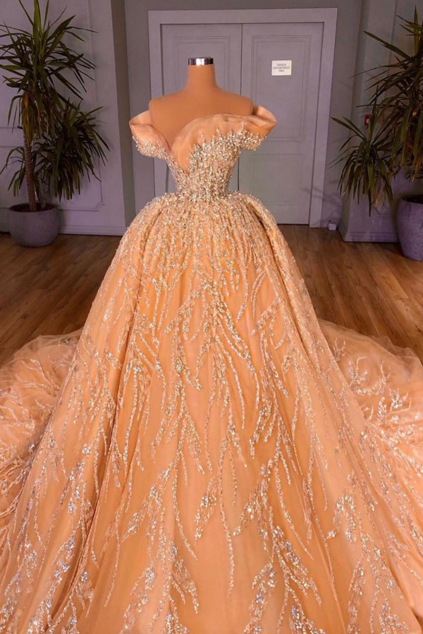 Extravagante Hochzeitskleider Champagner Spitze Brautkleider A linie Glitzer