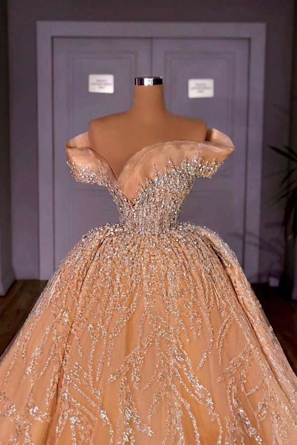 Extravagante Hochzeitskleider Champagner Spitze Brautkleider A linie Glitzer