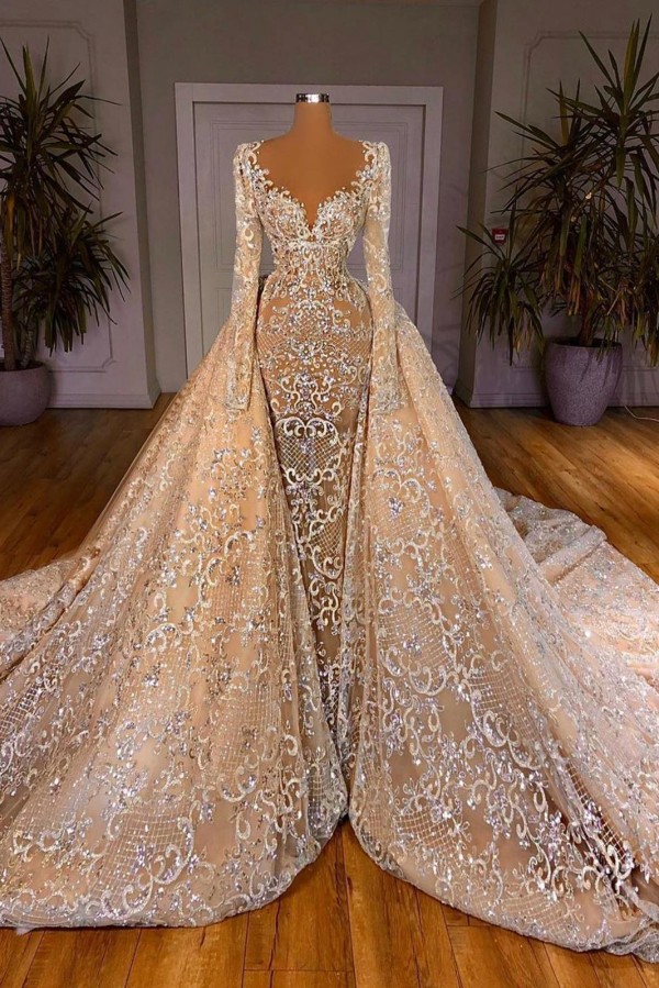 Extravagante Hochzeitskleider A Linie Glitzer Brautkleider Lang Ärmel