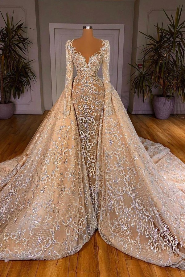 Extravagante Hochzeitskleider A Linie Glitzer Brautkleider Lang Ärmel