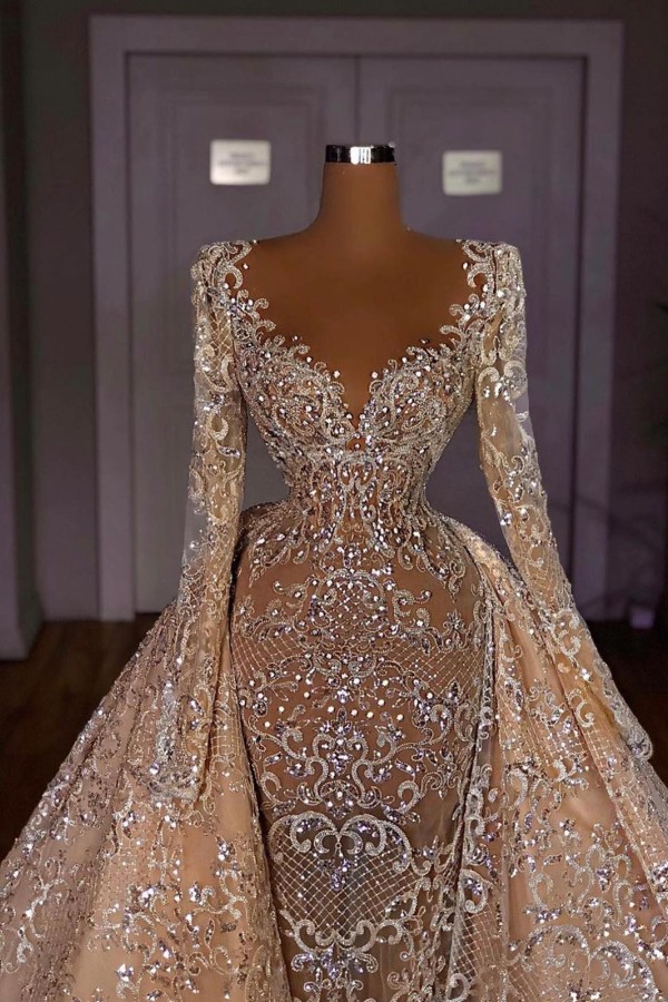 Extravagante Hochzeitskleider A Linie Glitzer Brautkleider Lang Ärmel