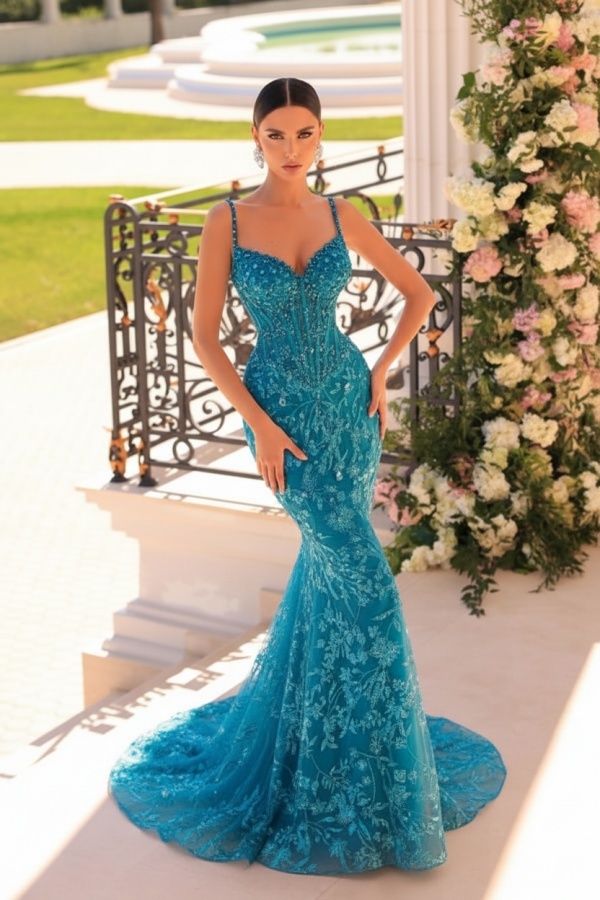 Designer Abendkleider Lang Spitze | Abiballkleider mit Glitzer