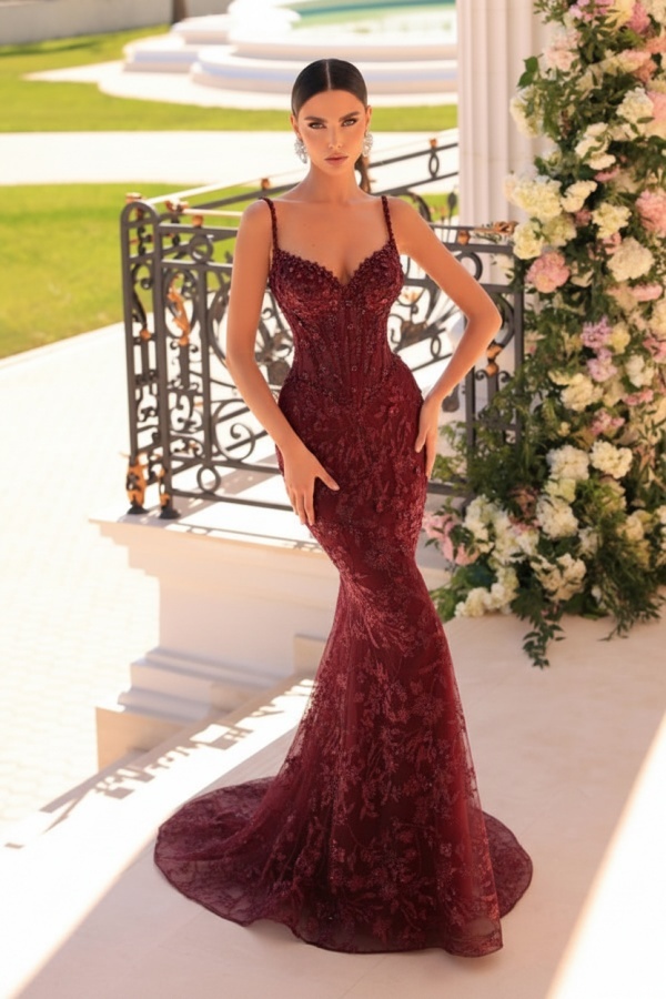 Designer Abendkleider Lang Spitze | Abiballkleider mit Glitzer