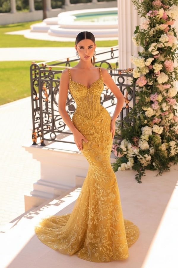 Designer Abendkleider Lang Spitze | Abiballkleider mit Glitzer