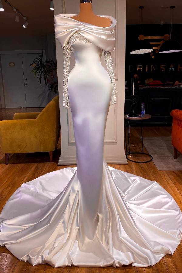 Elegante Weiße Abendkleider lang Mit Ärmel Ballkleider Mit Perlen