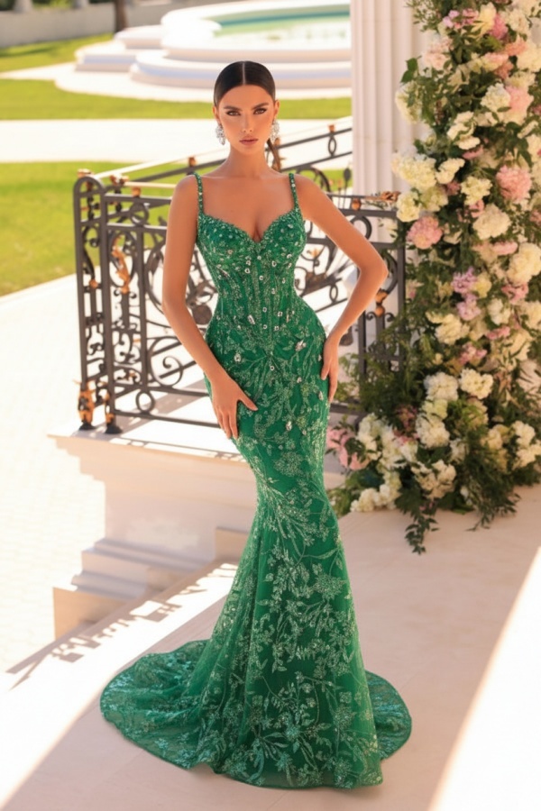 Designer Abendkleider Lang Spitze | Abiballkleider mit Glitzer