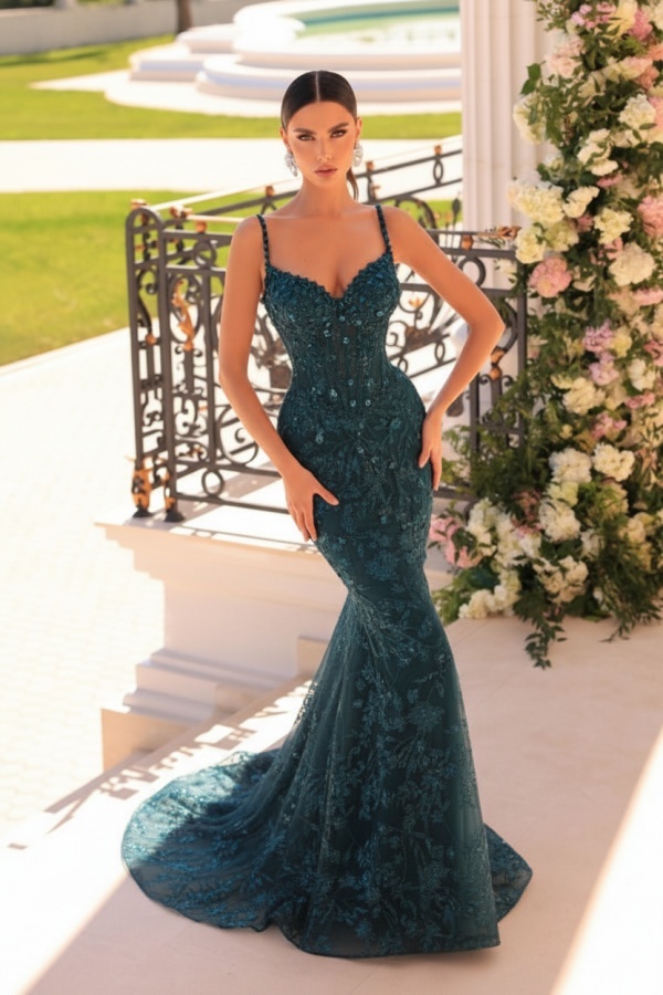 Designer Abendkleider Lang Spitze | Abiballkleider mit Glitzer