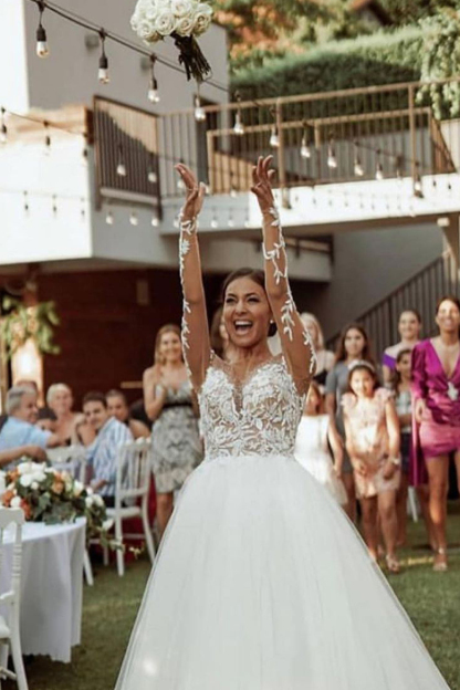 Schöne Hochzeitskleider A Linie Spitze | Brautkleid Tüll mit Ärmel-babyonlinedressde