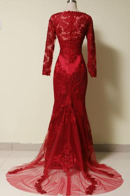 Fashion Abendkleider Rot Long Spitze Bodenlang Abiballkleider Mit Ärmel