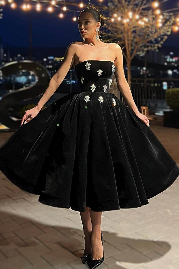 Vintage Abendkleider Kurz Velvet Schwarze Cocktailkleider Partykleider